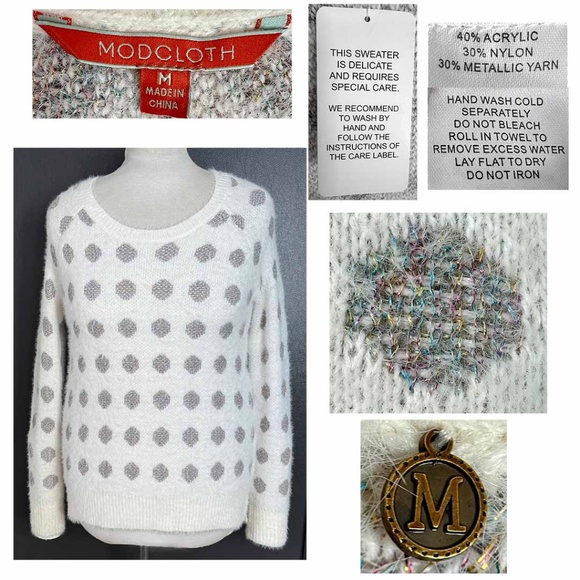 Modcloth Medium White Fuzzy Knit Metallic Dot Intarsia Knit Pullover Sweater NEW - Picture 1 of 10